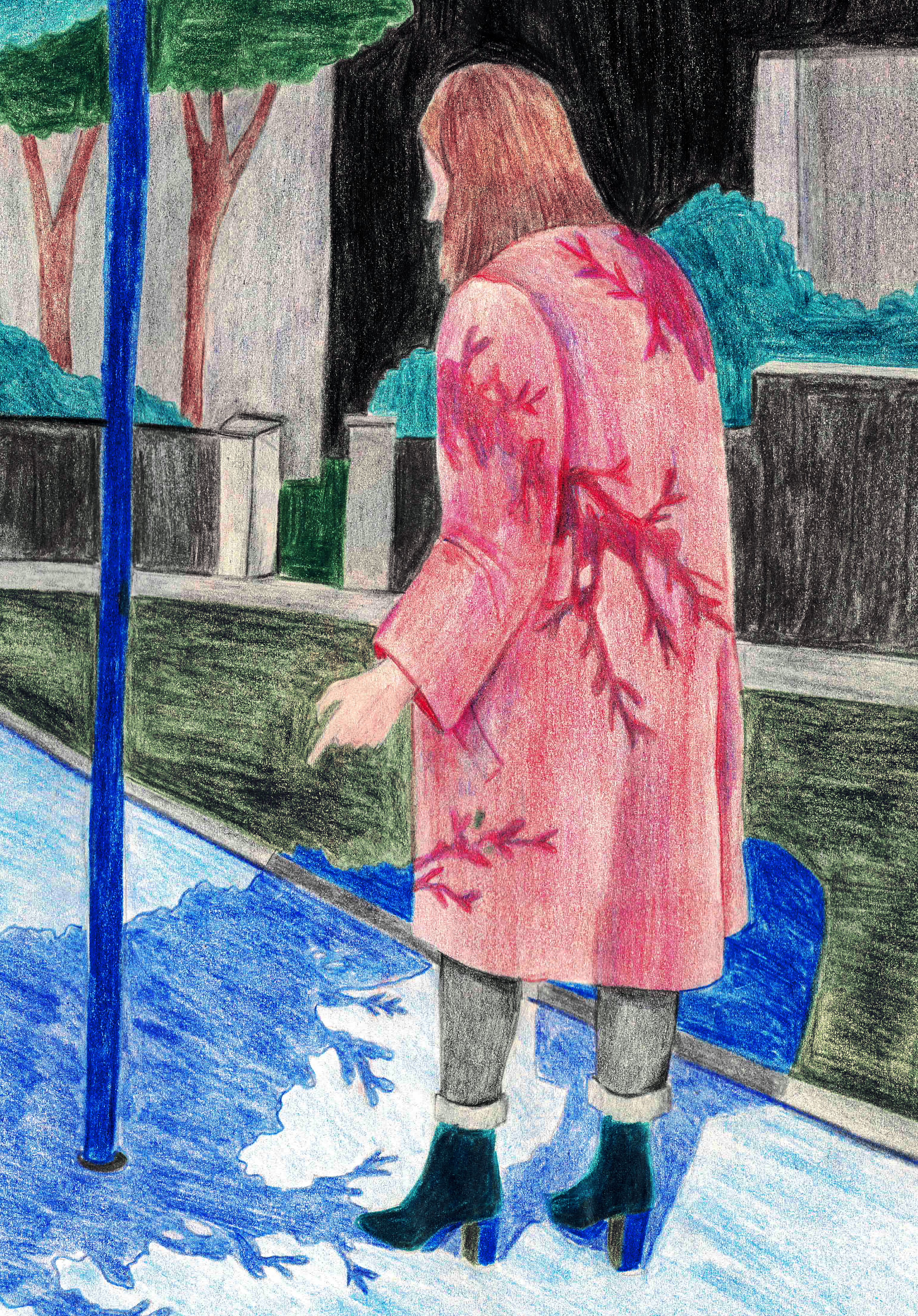 art contemporain, crayons de couleurs, corps, ombre, illustration
